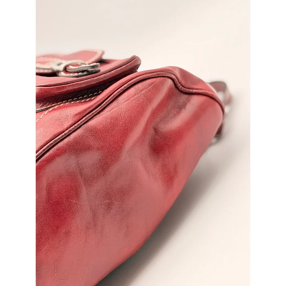 Vintage Red Leather Rucksack Backpack Contrast Stitch Buckle Drawstring Medium